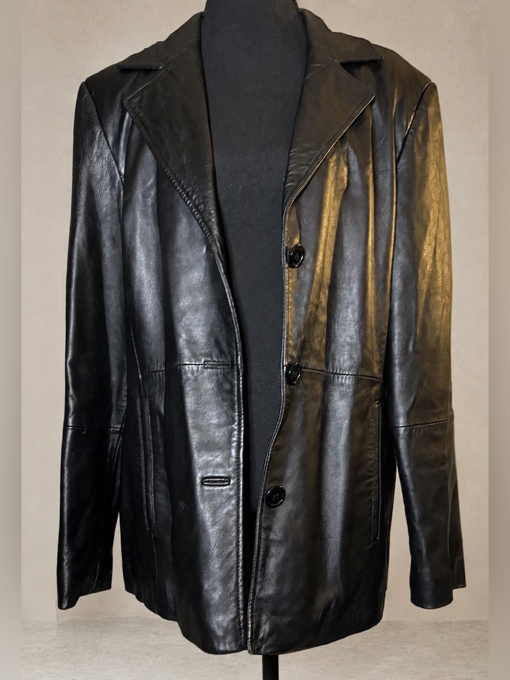 Black Genuine Leather Longline Blazer Jacket L